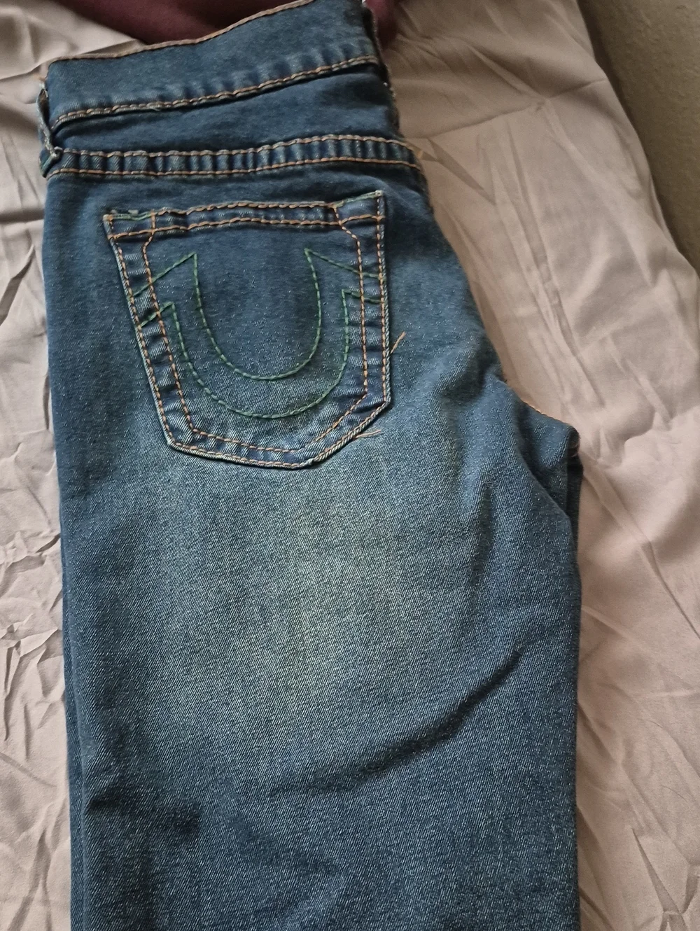 True Religion Skinny Jeans in Faded Blue with Green Stitching